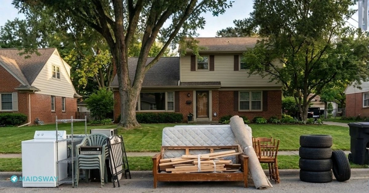 A hyper-realistic photograph illustrating how to sort bulk trash for the Austin bulk trash pickup schedule 2026, showing three separate piles on a curb labeled 1 for metal and plastic, 2 for furniture and lumber, and 3 for tires.