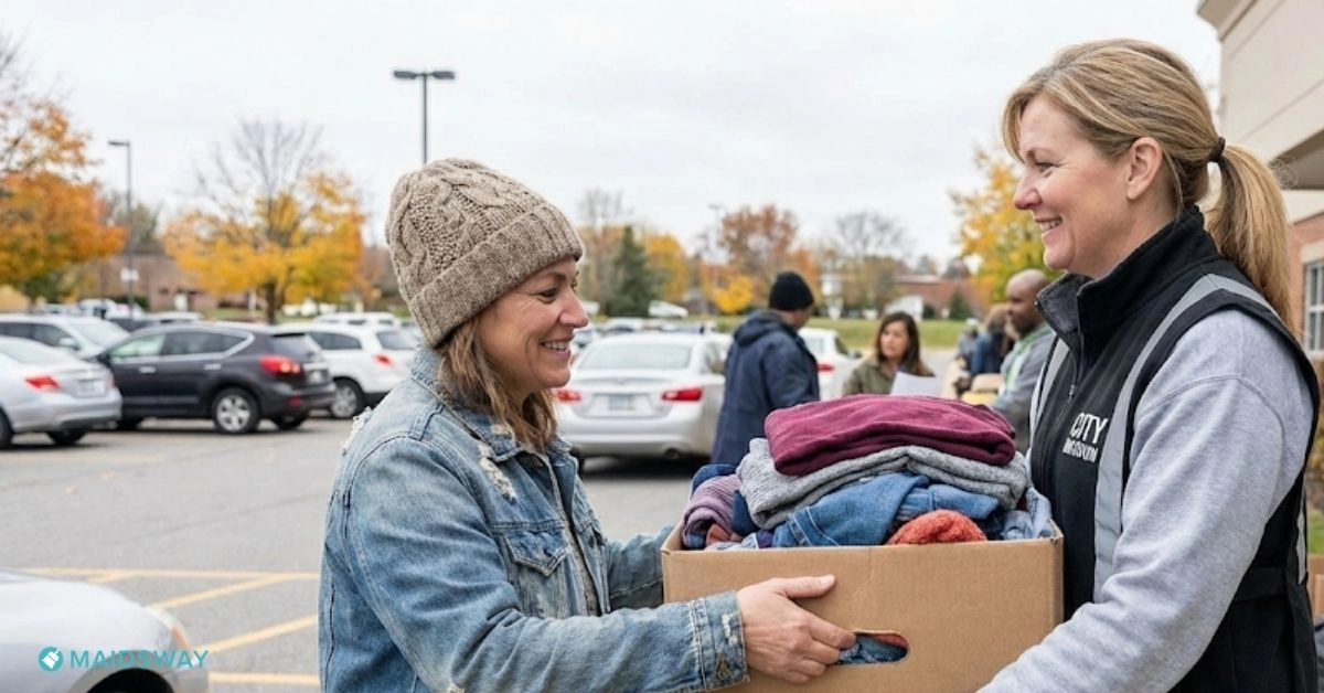 Woman donating a box of clothes to charity as a sustainable alternative to using the Austin bulk trash pickup schedule 2026.