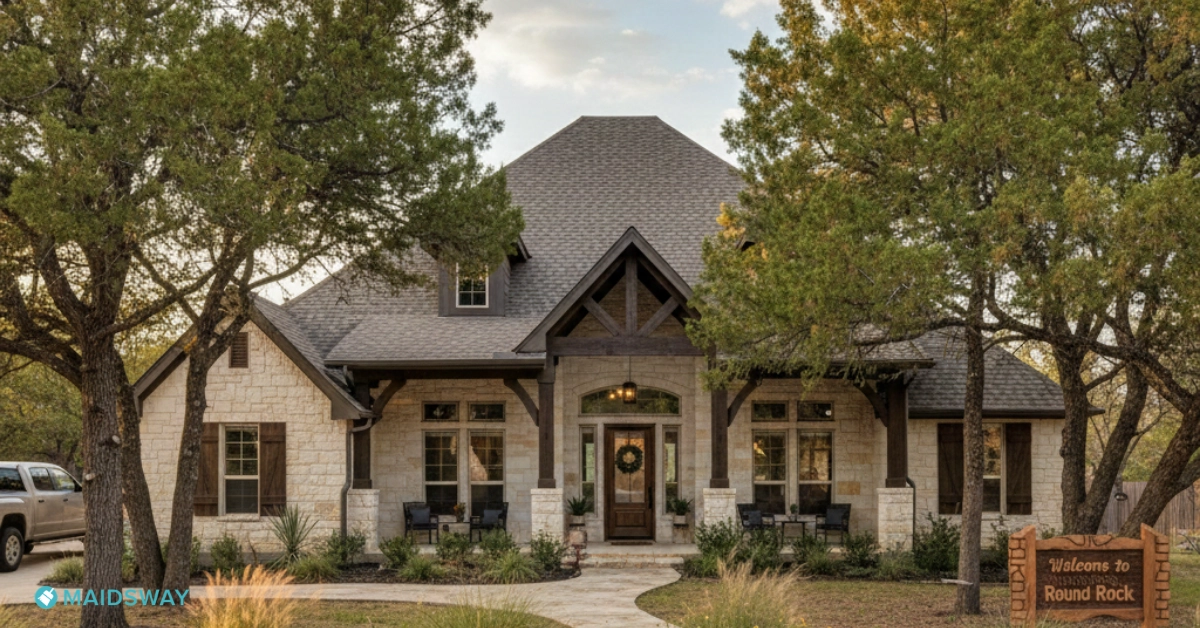 Exterior of a home with a Welcome to Round Rock sign surrounded by trees, illustrating the need for cedar fever cleaning tips Round Rock.