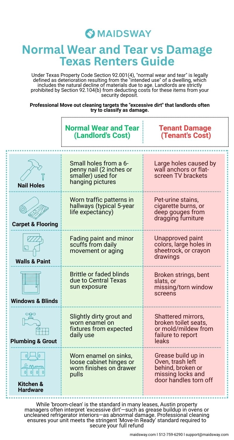 Normal wear and tear vs damage Texas infographic showing what landlords can charge Austin renters at move out including carpet wear, nail holes, paint fading, and pet damage examples under Texas Property Code