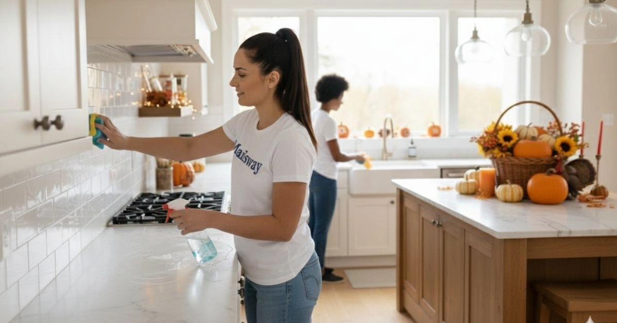 Maidsway cleaning experts utilizing degreasers to sanitize the marble countertop and tile backsplash after a holiday feast, highlighting the Post-Thanksgiving Deep Kitchen Cleaning Service Austin TX.