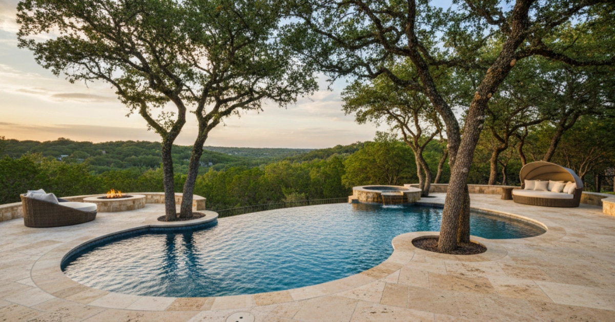 Beautiful Lueders limestone pool deck after a deep cleaning service to remove stubborn mold and restore the natural stone patio, Westlake Hills Texas.