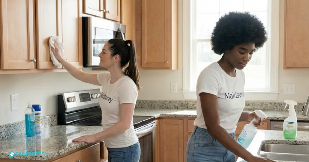 Maidsway professional cleaners wiping kitchen cabinets and countertops, illustrating detailed tasks often discussed when asking, 'What's the difference between deep cleaning and move out cleaning?